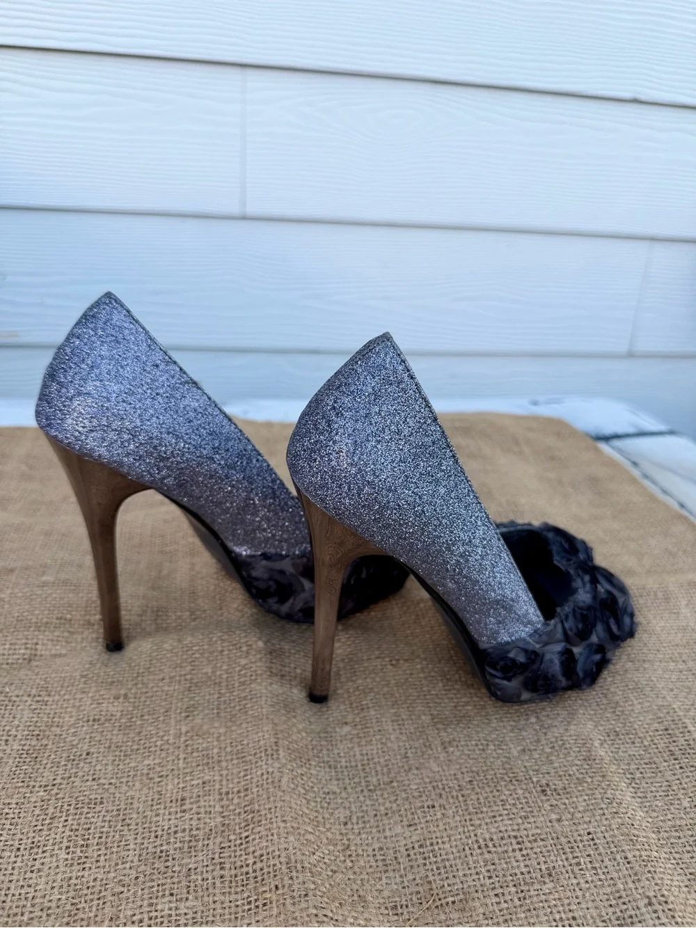 ShoeDazzle “Lucille” Glitter Rosette Peep-Toe Pumps